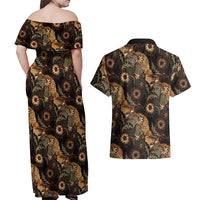 Batik Pedalaman Semen Lereng Style Couples Matching Off Shoulder Maxi Dress and Hawaiian Shirt Indonesian Traditional Pattern