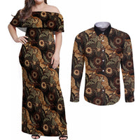 Batik Pedalaman Semen Lereng Style Couples Matching Off Shoulder Maxi Dress and Long Sleeve Button Shirt Indonesian Traditional Pattern