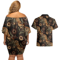 Batik Pedalaman Semen Lereng Style Couples Matching Off Shoulder Short Dress and Hawaiian Shirt Indonesian Traditional Pattern