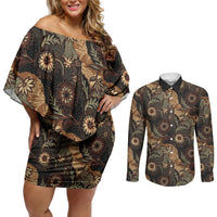 Batik Pedalaman Semen Lereng Style Couples Matching Off Shoulder Short Dress and Long Sleeve Button Shirt Indonesian Traditional Pattern LT01 Black - Polynesian Pride