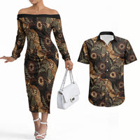 Batik Pedalaman Semen Lereng Style Couples Matching Off The Shoulder Long Sleeve Dress and Hawaiian Shirt Indonesian Traditional Pattern LT01 Black - Polynesian Pride