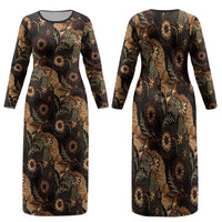 Batik Pedalaman Semen Lereng Style Family Matching Long Sleeve Bodycon Dress and Hawaiian Shirt Indonesian Traditional Pattern LT01 Mom's Dress Black - Polynesian Pride