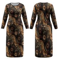 Batik Pedalaman Semen Lereng Style Family Matching Long Sleeve Bodycon Dress and Hawaiian Shirt Indonesian Traditional Pattern LT01 Mom's Dress Black - Polynesian Pride