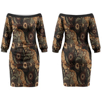 Batik Pedalaman Semen Lereng Style Family Matching Off The Shoulder Long Sleeve Dress and Hawaiian Shirt Indonesian Traditional Pattern LT01 Mom's Dress Black - Polynesian Pride