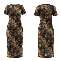 Batik Pedalaman Semen Lereng Style Family Matching Short Sleeve Bodycon Dress and Hawaiian Shirt Indonesian Traditional Pattern LT01 Mom's Dress Black - Polynesian Pride