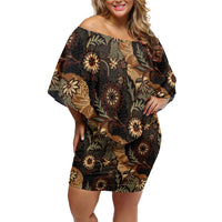 Batik Pedalaman Semen Lereng Style Off Shoulder Short Dress Indonesian Traditional Pattern LT01 Women Black - Polynesian Pride