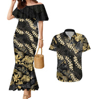 Gold Tropical Leaves Hawaii Mikioi Lei Couples Matching Mermaid Dress and Hawaiian Shirt Luxury Stylized LT01 Gold - Polynesian Pride