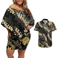 Gold Tropical Leaves Hawaii Mikioi Lei Couples Matching Off Shoulder Short Dress and Hawaiian Shirt Luxury Stylized LT01 Gold - Polynesian Pride