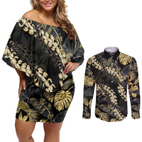 Gold Tropical Leaves Hawaii Mikioi Lei Couples Matching Off Shoulder Short Dress and Long Sleeve Button Shirt Luxury Stylized LT01 Gold - Polynesian Pride