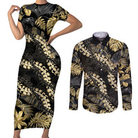 Gold Tropical Leaves Hawaii Mikioi Lei Couples Matching Short Sleeve Bodycon Dress and Long Sleeve Button Shirt Luxury Stylized LT01 Gold - Polynesian Pride