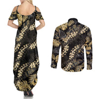 Gold Tropical Leaves Hawaii Mikioi Lei Couples Matching Summer Maxi Dress and Long Sleeve Button Shirt Luxury Stylized LT01 - Polynesian Pride
