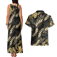 Gold Tropical Leaves Hawaii Mikioi Lei Couples Matching Tank Maxi Dress and Hawaiian Shirt Luxury Stylized LT01 - Polynesian Pride