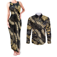 Gold Tropical Leaves Hawaii Mikioi Lei Couples Matching Tank Maxi Dress and Long Sleeve Button Shirt Luxury Stylized LT01 Gold - Polynesian Pride