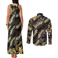 Gold Tropical Leaves Hawaii Mikioi Lei Couples Matching Tank Maxi Dress and Long Sleeve Button Shirt Luxury Stylized LT01 - Polynesian Pride