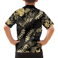 Gold Tropical Leaves Hawaii Mikioi Lei Family Matching Long Sleeve Bodycon Dress and Hawaiian Shirt Luxury Stylized - Polynesian Pride