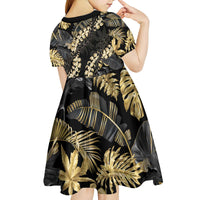 Gold Tropical Leaves Hawaii Mikioi Lei Kid Short Sleeve Dress Luxury Stylized - Polynesian Pride