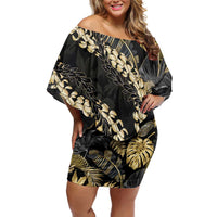 Gold Tropical Leaves Hawaii Mikioi Lei Off Shoulder Short Dress Luxury Stylized - Polynesian Pride