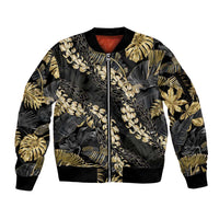 Gold Tropical Leaves Hawaii Mikioi Lei Sleeve Zip Bomber Jacket Luxury Stylized - Polynesian Pride