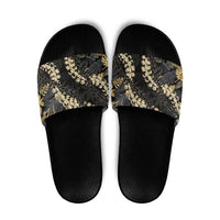 Gold Tropical Leaves Hawaii Mikioi Lei Slide Sandals Luxury Stylized - Polynesian Pride