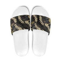 Gold Tropical Leaves Hawaii Mikioi Lei Slide Sandals Luxury Stylized - Polynesian Pride