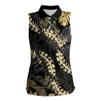 Gold Tropical Leaves Hawaii Mikioi Lei Women Sleeveless Polo Shirt Luxury Stylized LT01 Female Gold - Polynesian Pride