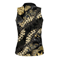 Gold Tropical Leaves Hawaii Mikioi Lei Women Sleeveless Polo Shirt Luxury Stylized LT01 - Polynesian Pride