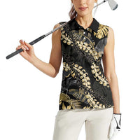 Gold Tropical Leaves Hawaii Mikioi Lei Women Sleeveless Polo Shirt Luxury Stylized LT01 - Polynesian Pride