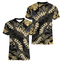 Gold Tropical Leaves Hawaii Mikioi Lei Women V-Neck T-Shirt Luxury Stylized - Polynesian Pride