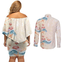 Beige Hawaii Lei Seashells Starfish Couples Matching Off Shoulder Short Dress and Long Sleeve Button Shirt Sandy Sylized LT01 - Polynesian Pride