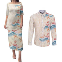 Beige Hawaii Lei Seashells Starfish Couples Matching Puletasi and Long Sleeve Button Shirt Sandy Sylized LT01 Beige - Polynesian Pride