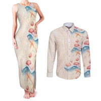 Beige Hawaii Lei Seashells Starfish Couples Matching Tank Maxi Dress and Long Sleeve Button Shirt Sandy Sylized LT01 Beige - Polynesian Pride