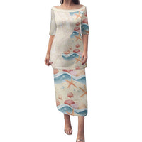 Beige Hawaii Lei Seashells Starfish Family Matching Puletasi and Hawaiian Shirt Sandy Sylized LT01 Mom's Dress Beige - Polynesian Pride