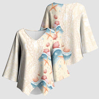 Beige Hawaii Lei Seashells Starfish Kimono Sleeve Blouse Sandy Sylized LT01 - Polynesian Pride