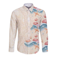 Beige Hawaii Lei Seashells Starfish Long Sleeve Button Shirt Sandy Sylized LT01 Unisex Beige - Polynesian Pride