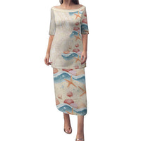 Beige Hawaii Lei Seashells Starfish Puletasi Sandy Sylized LT01 Long Dress Beige - Polynesian Pride