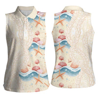 Beige Hawaii Lei Seashells Starfish Women Sleeveless Polo Shirt Sandy Sylized LT01 - Polynesian Pride