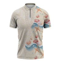Beige Hawaii Lei Seashells Starfish Zipper Polo Shirt Sandy Sylized LT01 Beige - Polynesian Pride