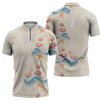 Beige Hawaii Lei Seashells Starfish Zipper Polo Shirt Sandy Sylized LT01 - Polynesian Pride