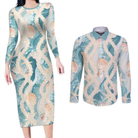 Hawaii Lei Seashells Starfish Couples Matching Long Sleeve Bodycon Dress and Long Sleeve Button Shirt Fresh Summer Vibe LT01 Blue - Polynesian Pride