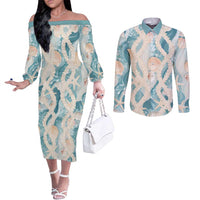 Hawaii Lei Seashells Starfish Couples Matching Off The Shoulder Long Sleeve Dress and Long Sleeve Button Shirt Fresh Summer Vibe LT01 Blue - Polynesian Pride