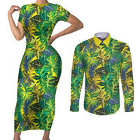 Hawaii Summer Tropical Leaves Couples Matching Short Sleeve Bodycon Dress and Long Sleeve Button Shirt LT01 Yellow - Polynesian Pride