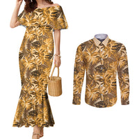 Hawaii Gold Tropical Leaves Couples Matching Mermaid Dress and Long Sleeve Button Shirt LT01 Gold - Polynesian Pride