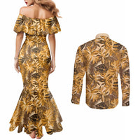 Hawaii Gold Tropical Leaves Couples Matching Mermaid Dress and Long Sleeve Button Shirt LT01 - Polynesian Pride