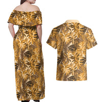 Hawaii Gold Tropical Leaves Couples Matching Off Shoulder Maxi Dress and Hawaiian Shirt LT01 - Polynesian Pride
