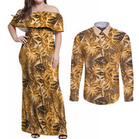 Hawaii Gold Tropical Leaves Couples Matching Off Shoulder Maxi Dress and Long Sleeve Button Shirt LT01 Gold - Polynesian Pride