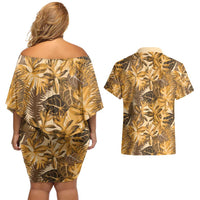 Hawaii Gold Tropical Leaves Couples Matching Off Shoulder Short Dress and Hawaiian Shirt LT01 - Polynesian Pride