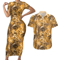 Hawaii Gold Tropical Leaves Couples Matching Short Sleeve Bodycon Dress and Hawaiian Shirt LT01 Gold - Polynesian Pride
