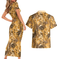 Hawaii Gold Tropical Leaves Couples Matching Short Sleeve Bodycon Dress and Hawaiian Shirt LT01 - Polynesian Pride