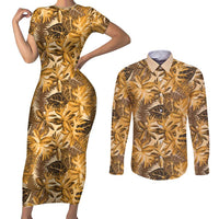 Hawaii Gold Tropical Leaves Couples Matching Short Sleeve Bodycon Dress and Long Sleeve Button Shirt LT01 Gold - Polynesian Pride
