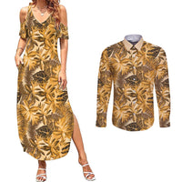Hawaii Gold Tropical Leaves Couples Matching Summer Maxi Dress and Long Sleeve Button Shirt LT01 Gold - Polynesian Pride
